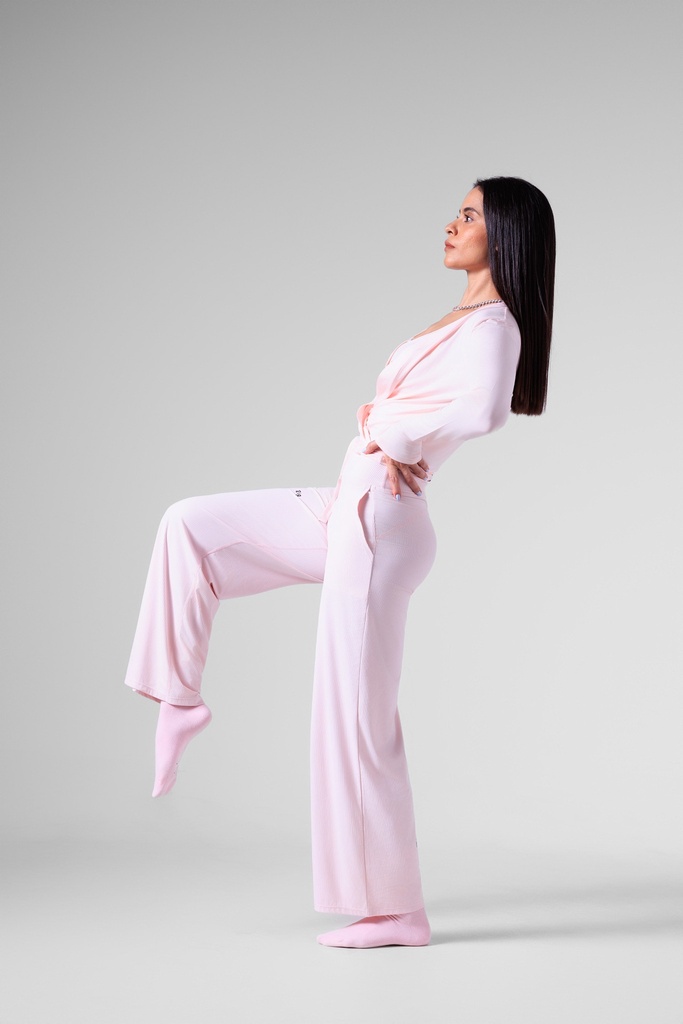 Baby Pink Ribbed Straight Fit Pants