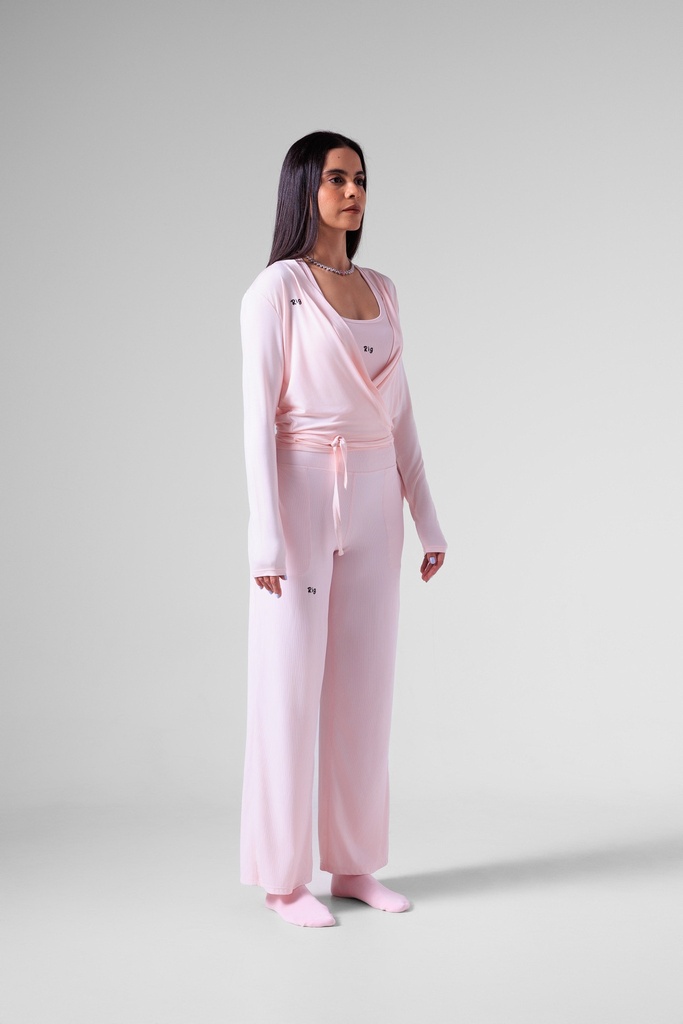 Baby Pink Ribbed Straight Fit Pants