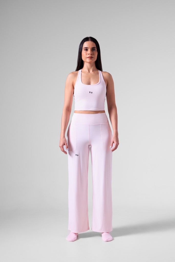 Baby Pink Ribbed Straight Fit Pants